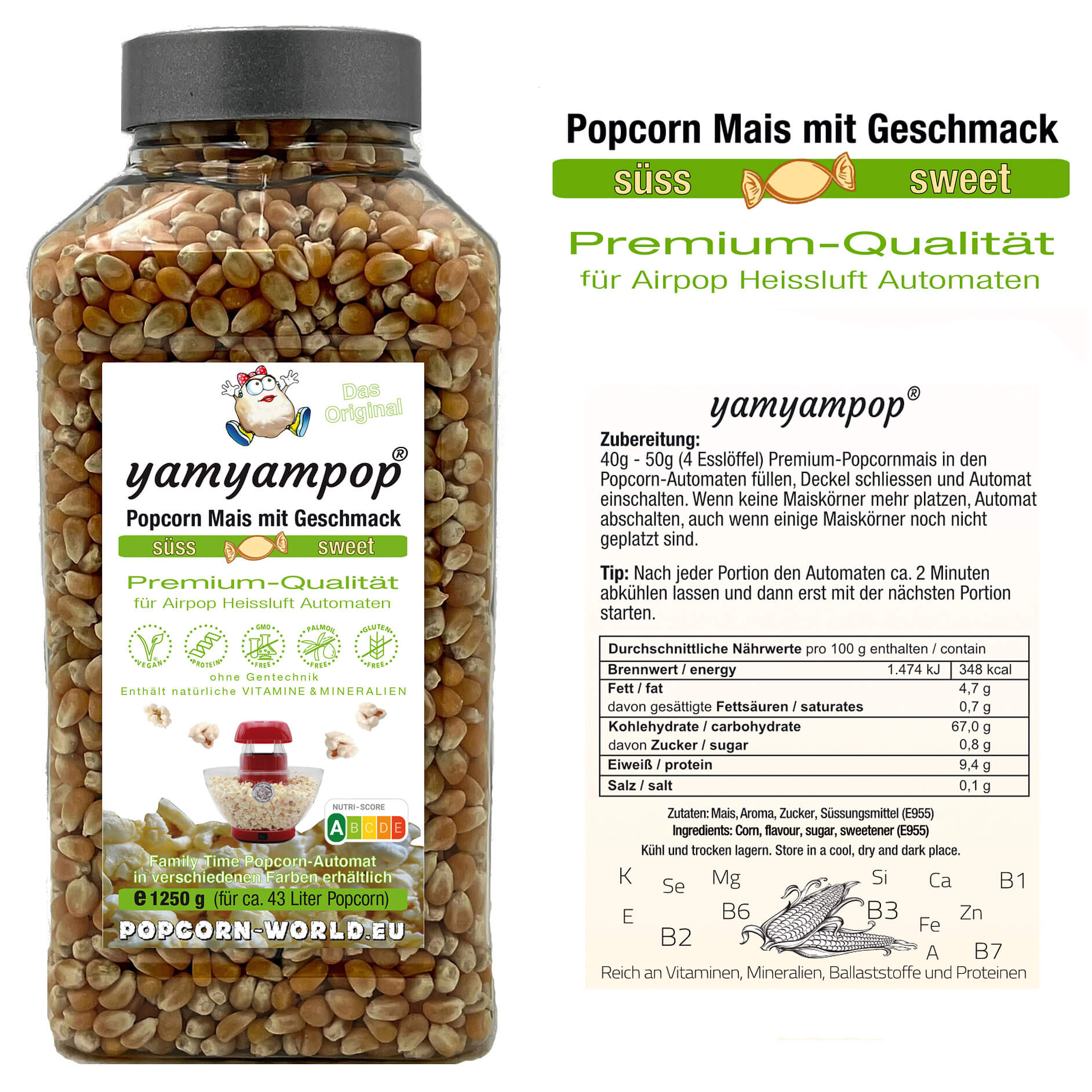 Popcorn-Mais süss im 1250g Becher